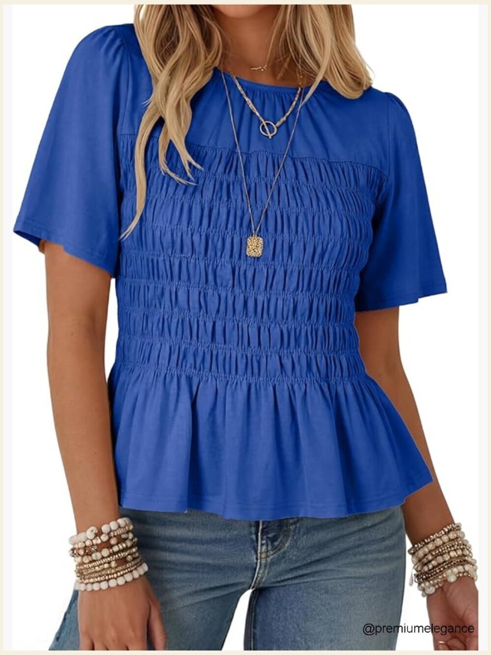 Smocked Peplum Ruffle Hem Short Sleeve Babydoll Top Blouse